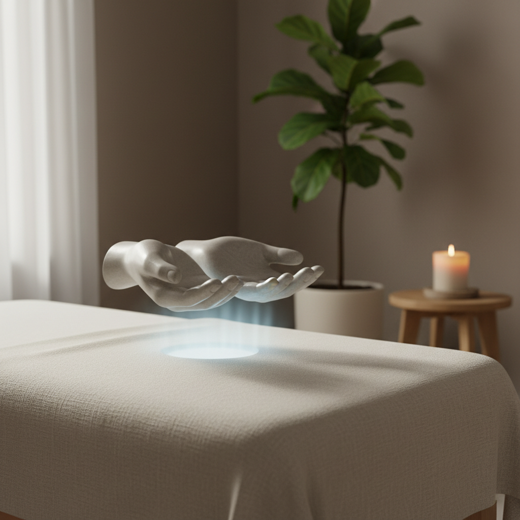 A close-up photographic view of a pair of elegant, open palms represented by a smooth, abstract stone sculpture, hovering a few inches above a linen-covered treatment table. Between the sculpted hands and the table, a subtle, translucent glow suggests the flow of Reiki energy without using text or symbols. The setting is a refined wellness room with neutral taupe walls, a single leafy plant in a ceramic pot, and a simple wooden side table with a lit beeswax candle. Soft, diffused morning light enters from the left, creating gentle highlights on the stone surface and casting calm shadows. The mood is meditative and contemplative, captured with shallow depth of field so the sculpture and glow are in sharp focus while the background melts into a creamy bokeh.