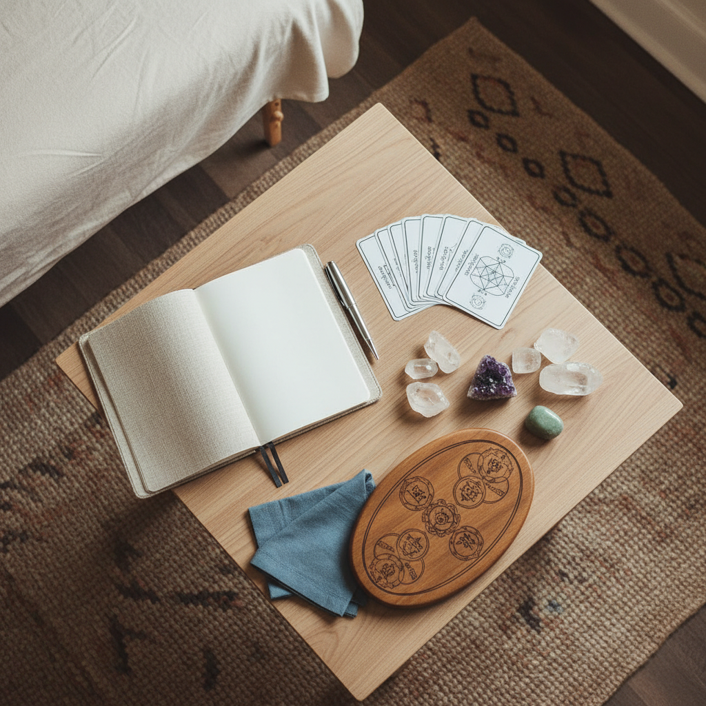 An overhead photographic shot of a carefully prepared Reiki instruction space in a Roanoke wellness studio. On a low, natural-wood table, an open linen-textured notebook, a fountain pen, and a neatly stacked set of illustrated, text-free cards suggest teaching tools. Nearby rest polished crystals, a smooth wooden Reiki practice board, and a folded slate-blue cloth. The table stands on a warm woven rug, with the edge of a neatly made treatment table visible at the top of the frame. Soft, overcast daylight from an unseen window bathes the scene, giving everything a gentle, even illumination. The atmosphere feels studious yet tranquil, ideal for learning traditional Usui Reiki. Composition is carefully balanced, with objects arranged in a harmonious, slightly asymmetrical layout that conveys order and sophistication.