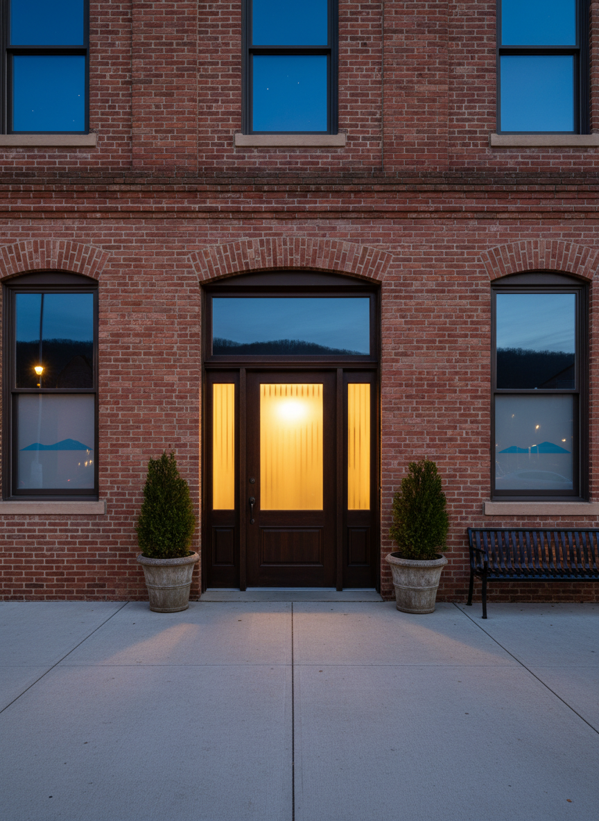 A twilight photographic scene of the exterior of a refined Reiki studio set in a historic-style brick building in Roanoke, Virginia. The entrance features a dark wooden door with frosted glass panels, framed by understated potted evergreens in stone planters. Warm interior light glows softly through the frosted glass, hinting at a tranquil space within, while a subtle reflection of the Blue Ridge foothills appears in the upper glass. The sidewalk is clean and lightly textured, with a simple bench off to one side. The sky is in the soft blue hour, providing a gentle contrast to the warm doorway. The mood is welcoming, calm, and professional. Captured from a slightly low, centered angle, the composition draws the eye directly to the entrance, emphasizing a sense of sanctuary and sophistication.