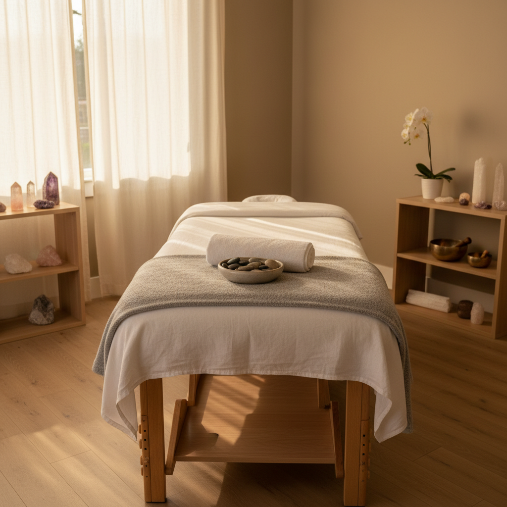 A meticulously arranged Reiki treatment space in Roanoke, Virginia, presented in photographic realism. A polished wooden massage table is draped with pristine white linens and a soft dove-gray blanket, topped with a neatly folded towel and a small bowl of smooth river stones. Around it, minimalist wooden shelves hold neatly ordered crystals, a traditional brass singing bowl, and a single white orchid. Warm late-afternoon light filters through sheer ivory curtains, casting gentle patterns across the floor and table. The mood is serene and sophisticated, with a calm, uncluttered atmosphere. Shot at eye level with a slight angle, the composition follows the rule of thirds, keeping the table dominant while the background softly blurs, suggesting a refined, professional Reiki studio.