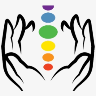 Two hands cradling seven chakra symbols arranged vertically