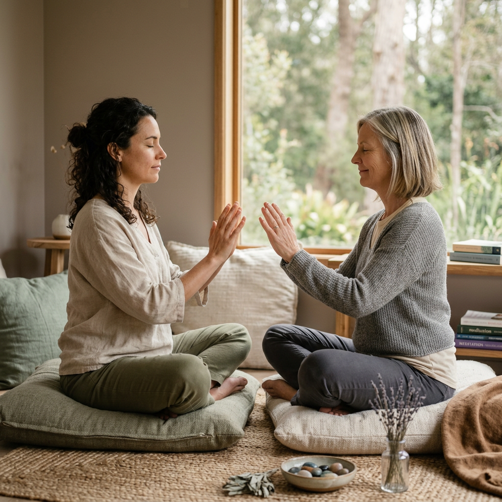 Two people sensing energy with raised palms