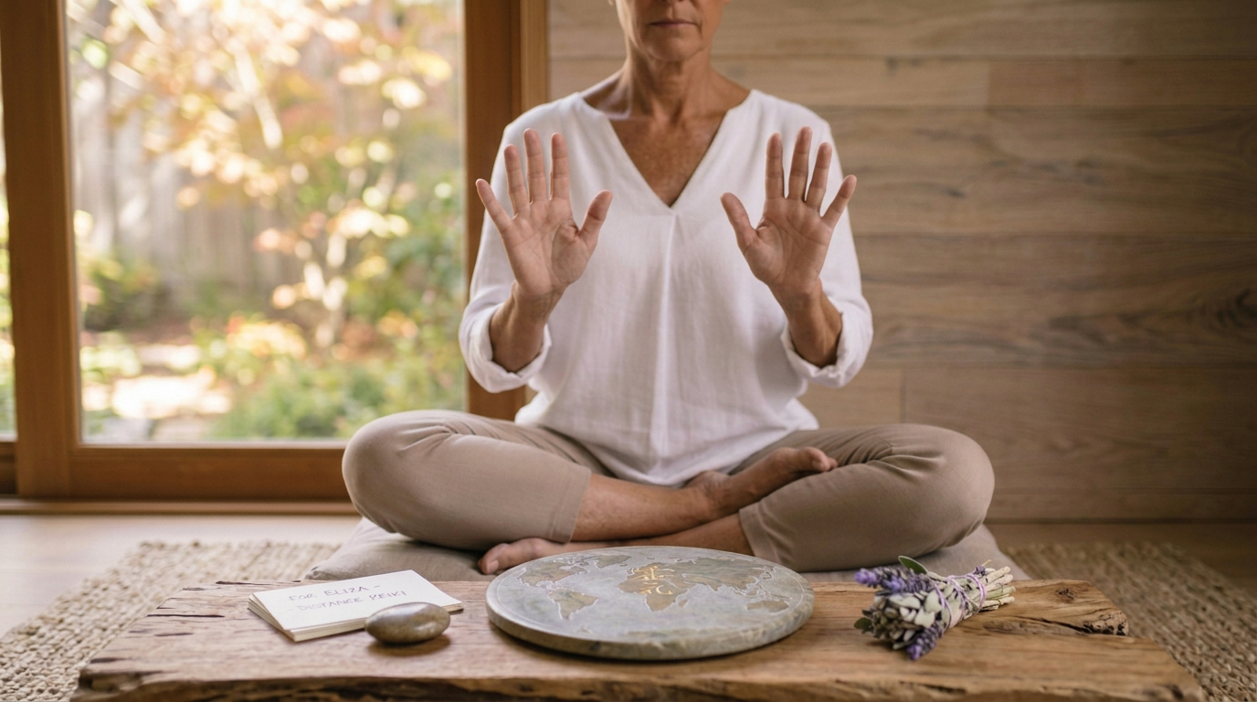 A Reiki practitioner holds her hands over the person receiving the Reiki energy.